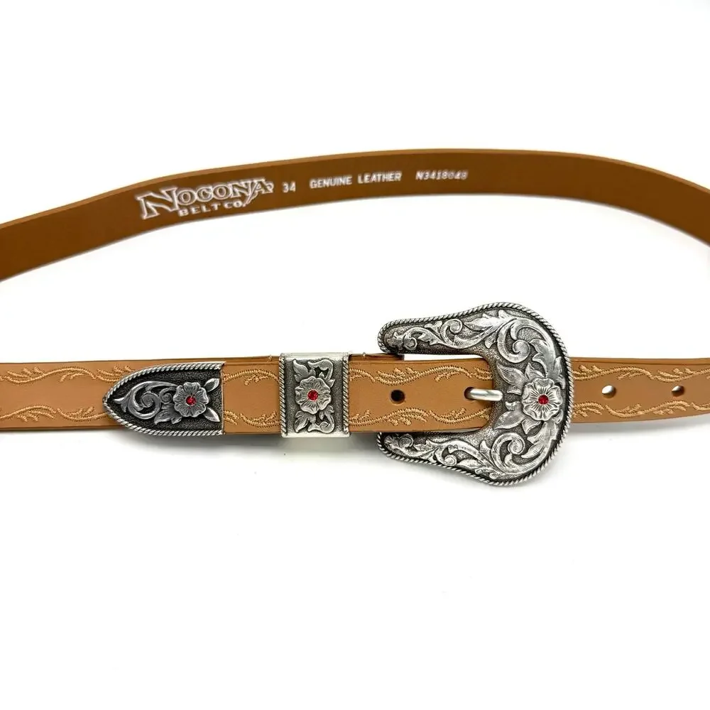 Nocona Brown Leather Western Belt 34 Ornate Buckle Red Rhinestone Embroidered